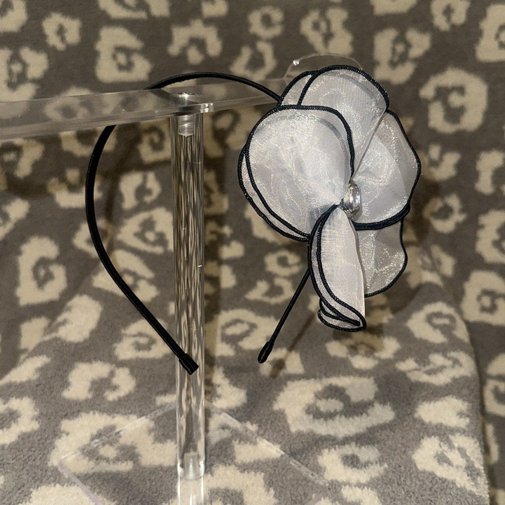 Tasha Black Band with Elegant Sheer White Flower with Clear Rhinestone Headband - Picture 3 of 17